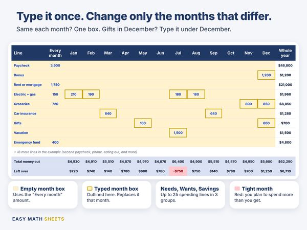 The year plan with Every month amounts and only the months that differ typed, like car insurance in March and September and gifts in December