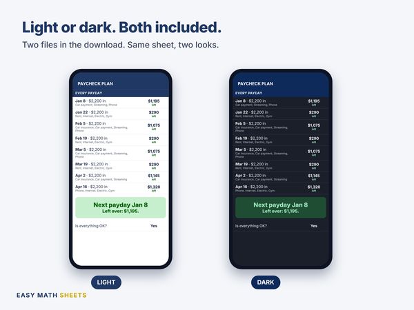 The paycheck plan in the light and dark versions on two phones