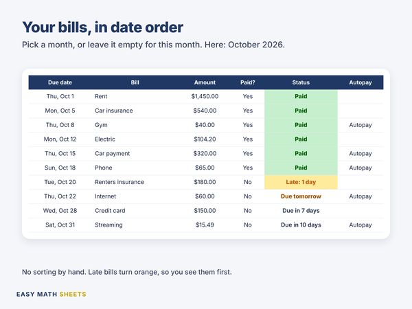 October 2026 bills by due date with Paid, Late: 1 day, Due tomorrow and Due in 7 days