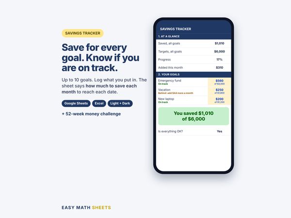 Savings Tracker on a phone: save for every goal and know if you are on track
